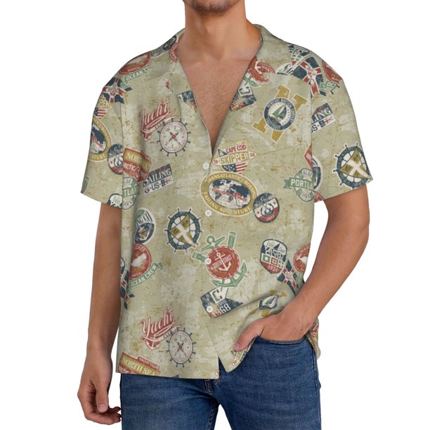Balery Marine Sailing Badges Camisa Casual de Manga Corta con Botones para Hombre, Texturizada, Estilo Cubano, para Playa, Verano-Small