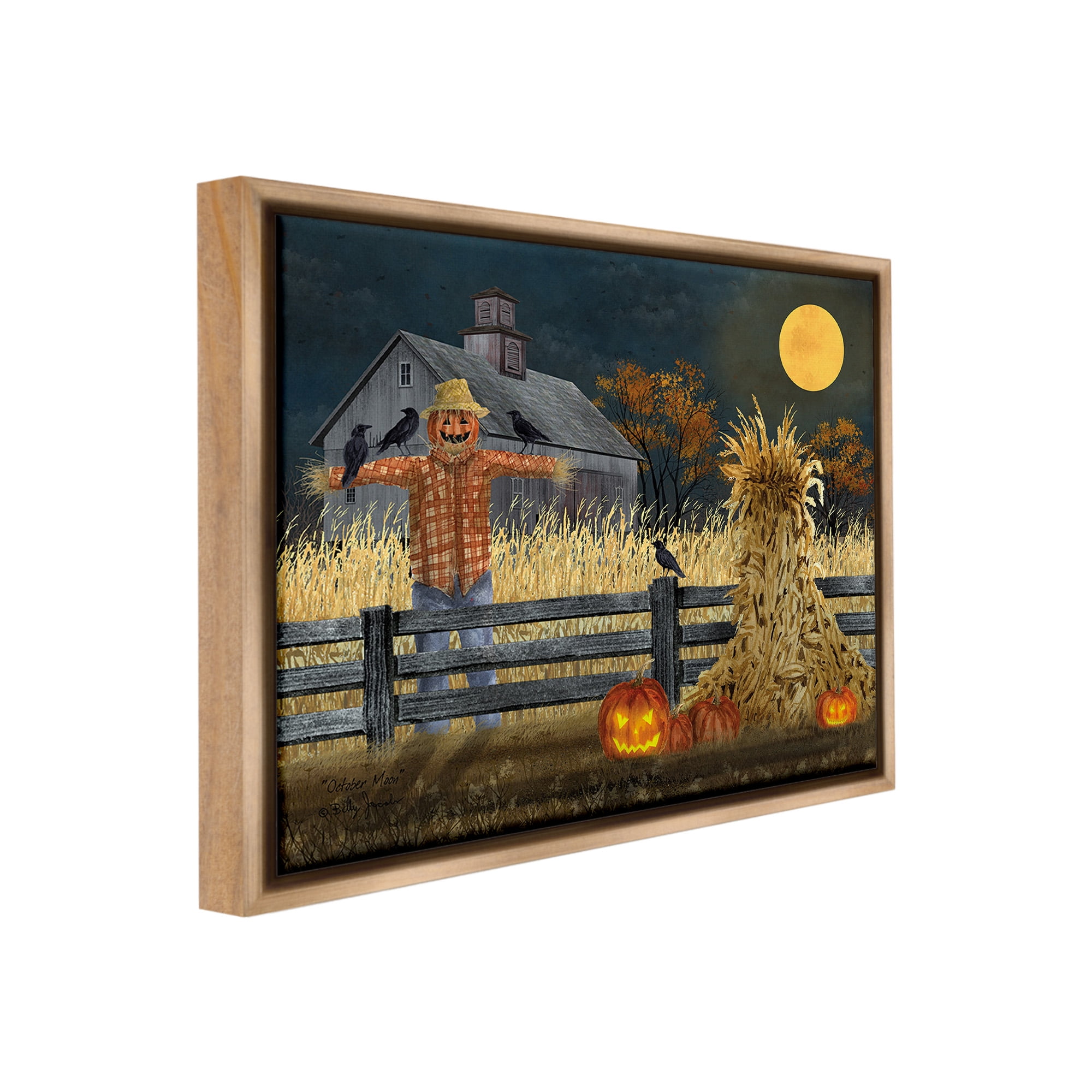 Stupell Industries Scarecrow Farm Landscape Holiday Painting Brown Floater Framed Canvas Art Print Wall Art, 31 x 25