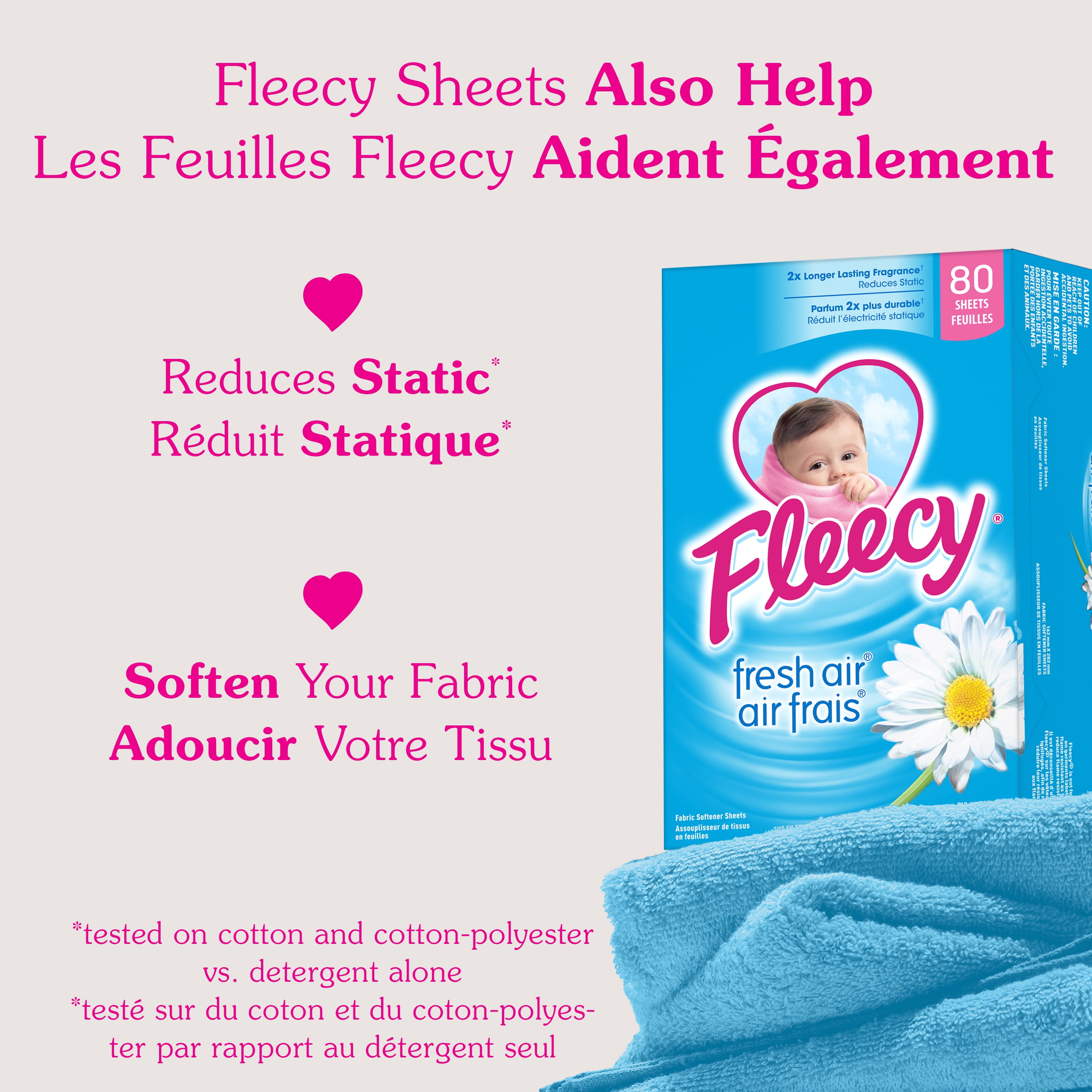Fleecy Dryer Sheets, Fabric Softener, Fresh Air Scent, 80 Sheets