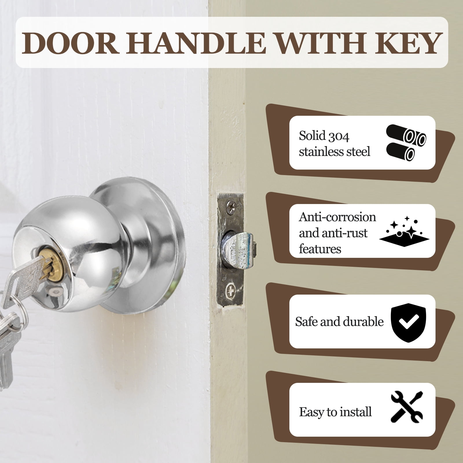 Door Knob with Lock and Key, Round Handles Keyed Exterior and Interior Lock with Screws, Fits 1.77"-2.56" Thickness for Front Door Entry Door, Silver Tone