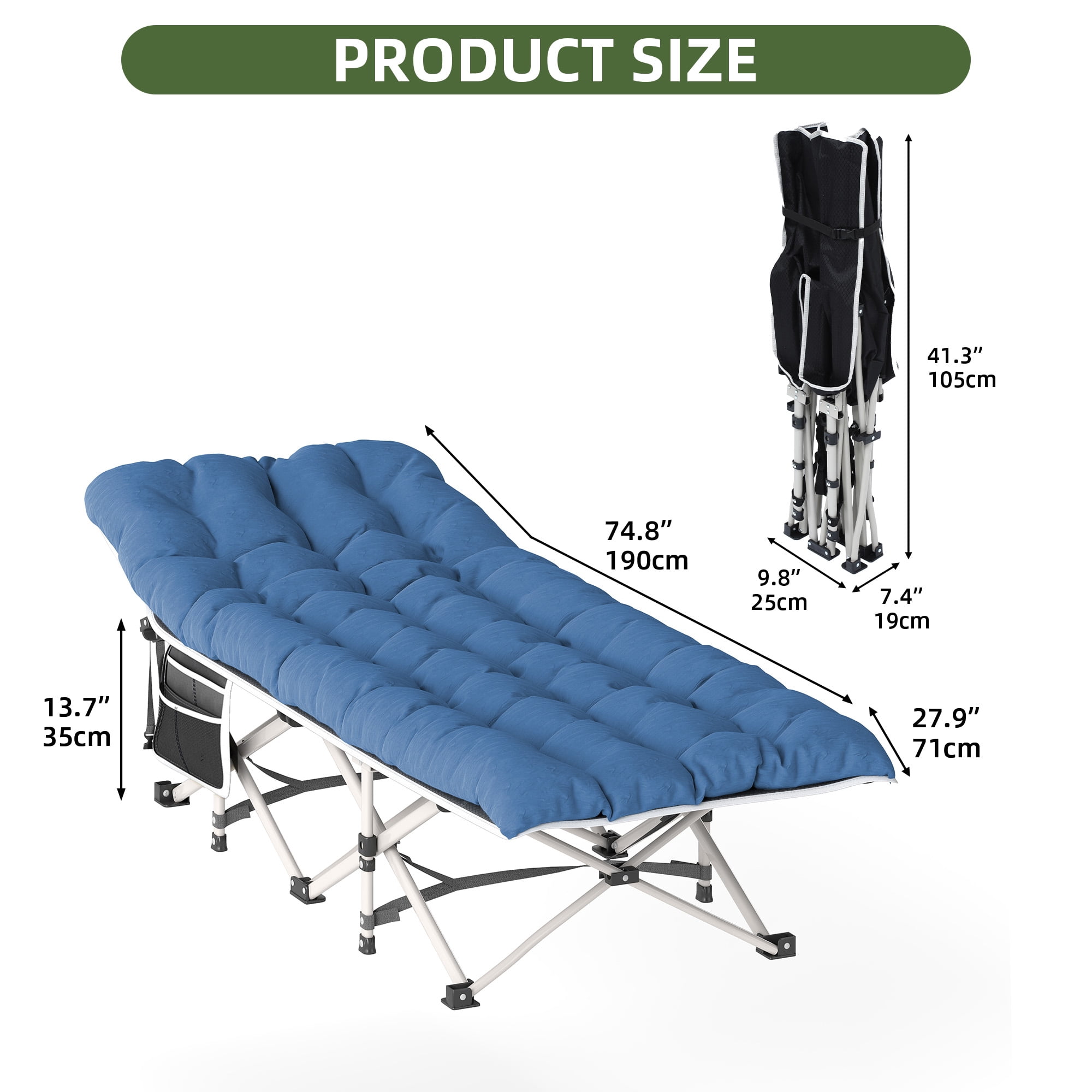 Uforic Folding Camping Cot with Mattress & Carry Bag, 575 Lb Capacity, 1200D Oxford, Navy Blue