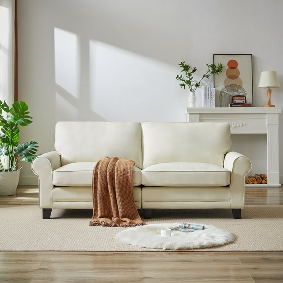 Holaki 75.6" Arm Upholstered Loveseat Sofa, Pets Friendly Leather Rolled 2-seater Couch with Removable Back Cushion for Small Spaces Living Room, Bedroom, Apartment, Beige