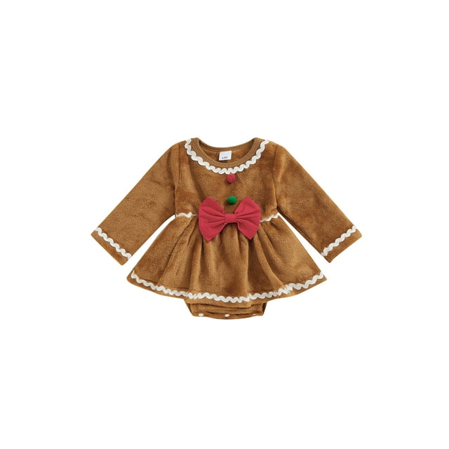 Gupgi Robe de Noël pour Filles 0-18M Robe en Pain d'Épice Manches Longues Nœud en Fourrure Combinaisons