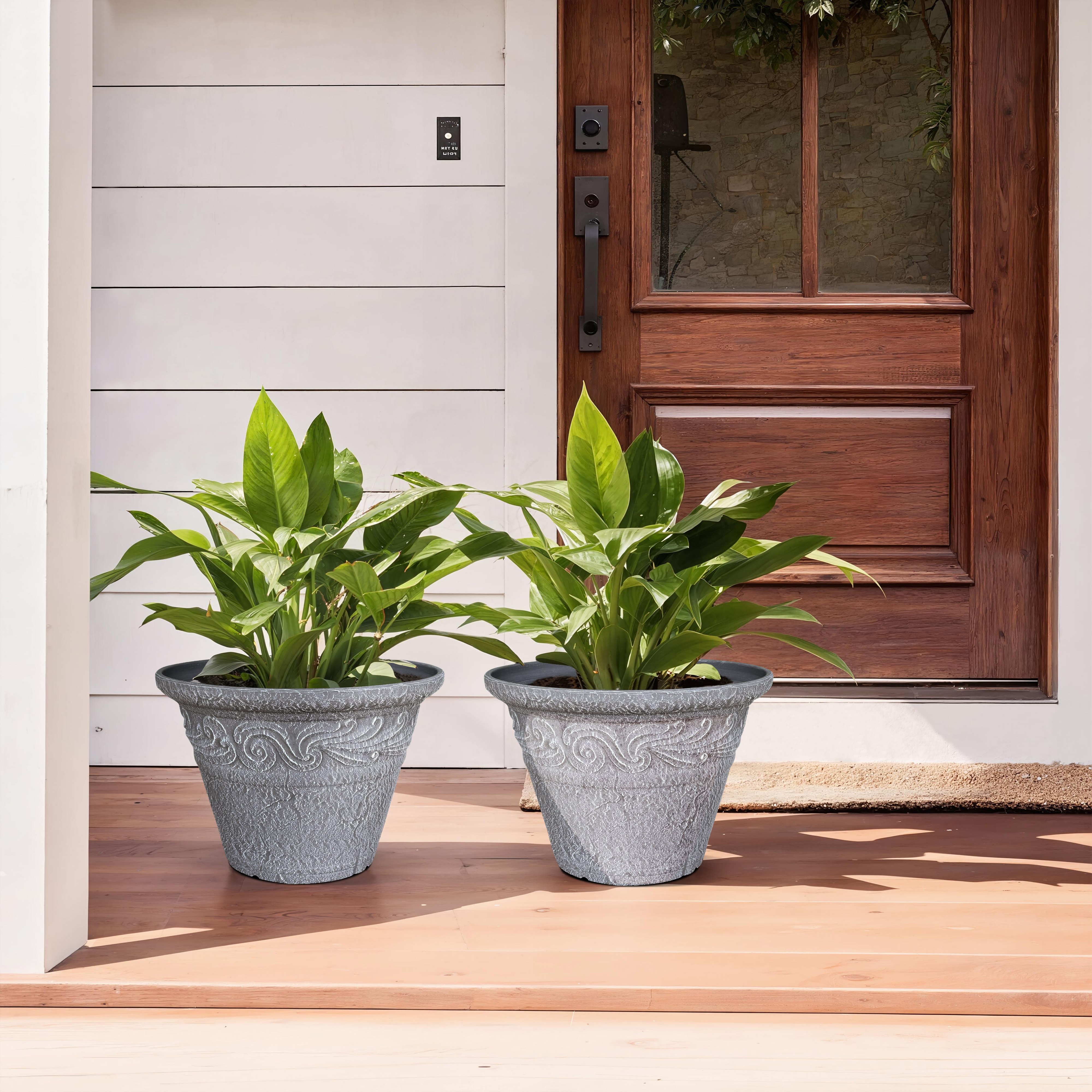 12 in. Dia Two-piece Set Of Classical Relief Flower Pots for Indoor/Outdoor Plants (Set of 2) in Light Gray