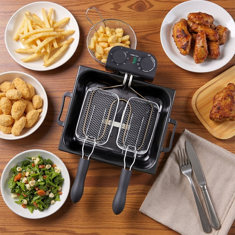 Daluvenix Electric Deep Fryer, 5L Capacity with 3 Frying Baskets, 1700W Power, Time & Temperature Control, Stainless Steel, Dishwasher Safe Lid & Baskets, Home Use Fryer with View Window & Odo