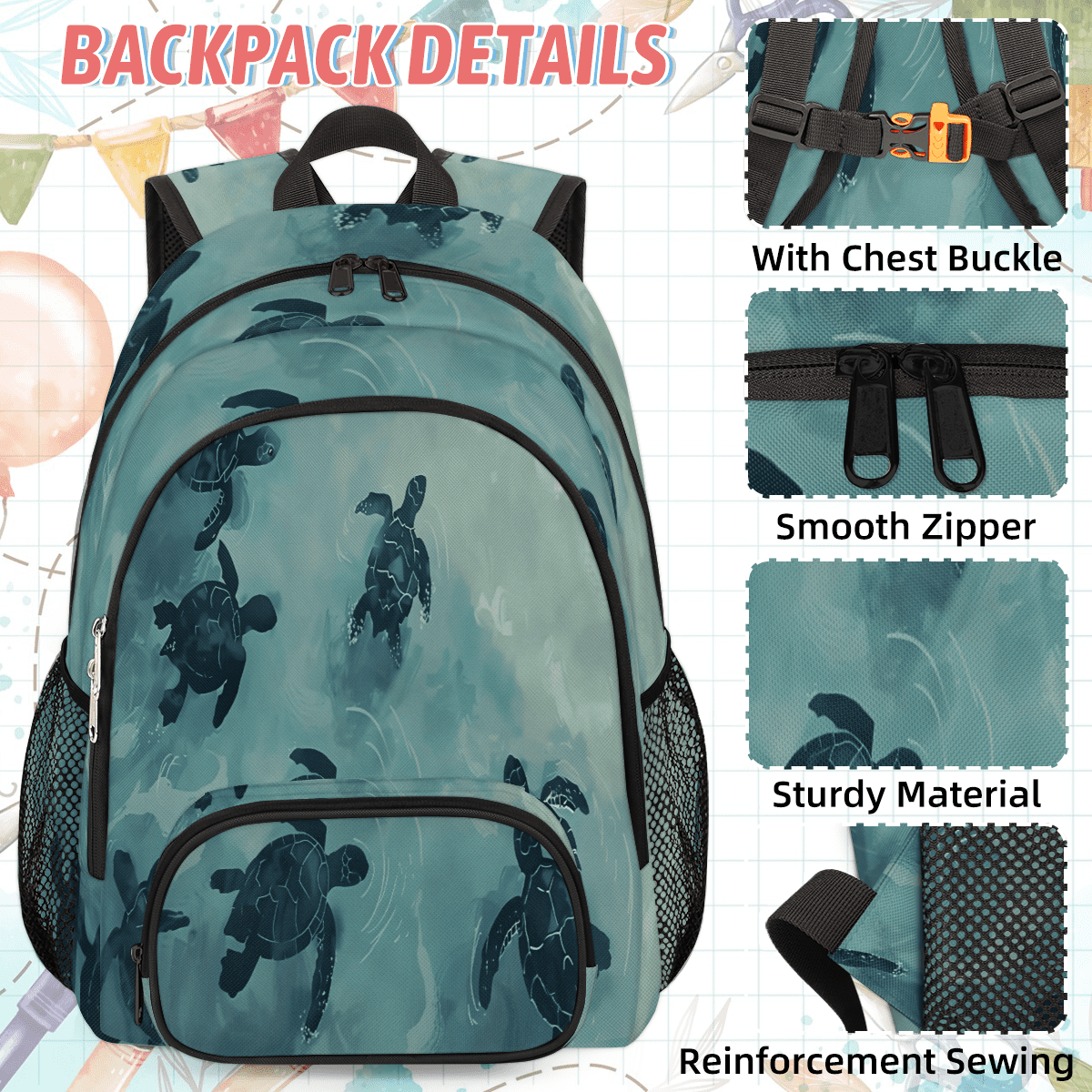 Herdesigns Turtle Sea Animals Large Backpack Set with Lunch Box Lightweight Water Resistant Travel Laptop Backpacks Casual Daypacks for Women Men