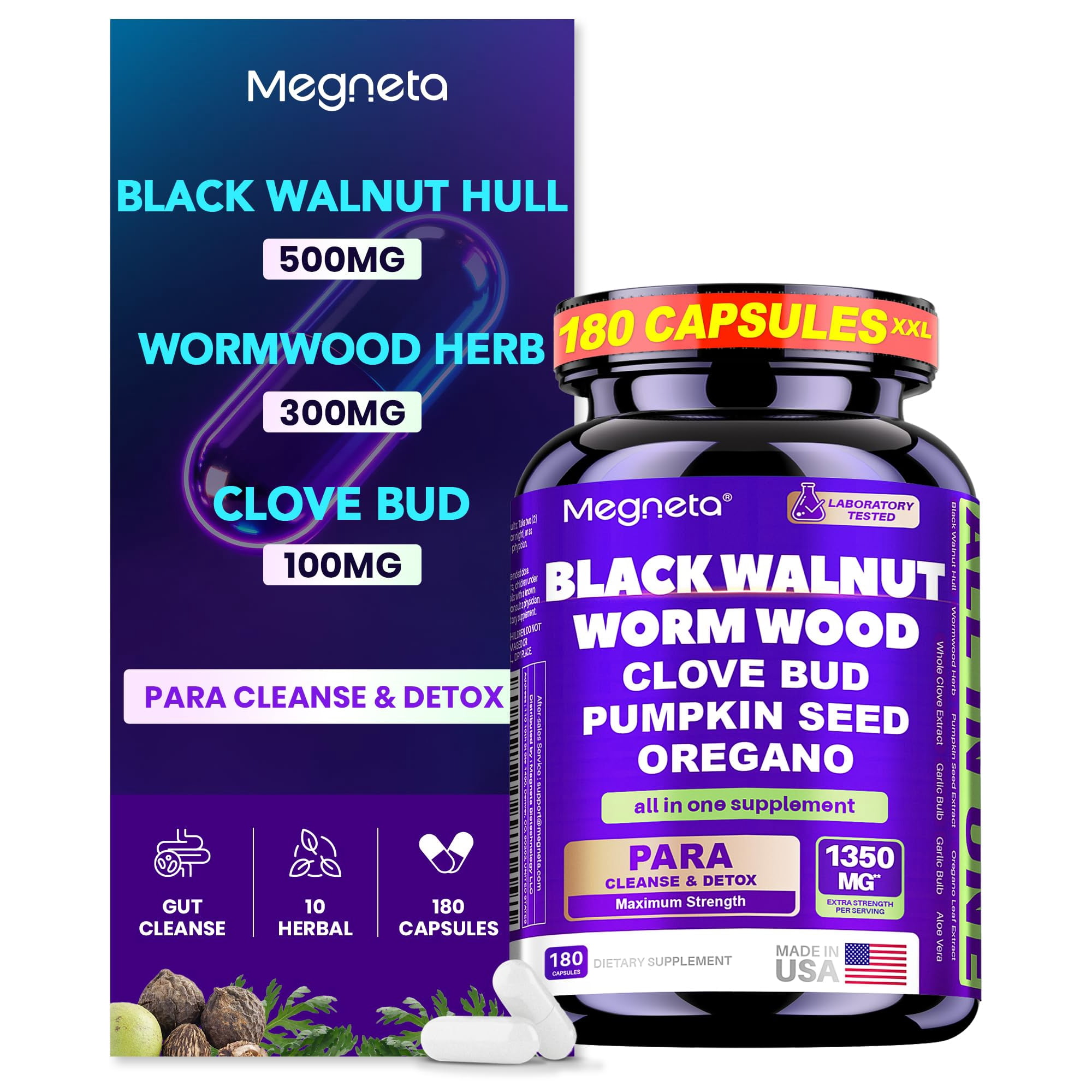 MEGNETA Wormwood Black Walnut Clove Cleanse for Humans, Intestinal Cleanse & Gut Detox with Pumpkin Seed & Oregano, Vegan Digestive Support for Adults, 180 Capsules