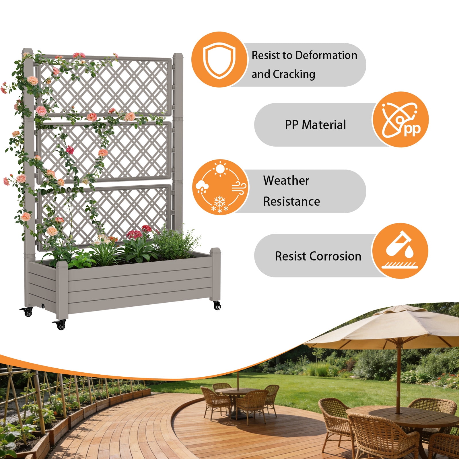 Fazzn Raised Garden Bed with Trellis, Large Outdoor Planter Trellis Box with Drainage Holes and Wheels for Climbing Plants.(Brown）