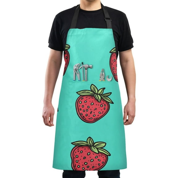 Red Strawberries Design Chef Kitchen Apron with Pockets for Women Waterproof Aprons for Cooking Baking