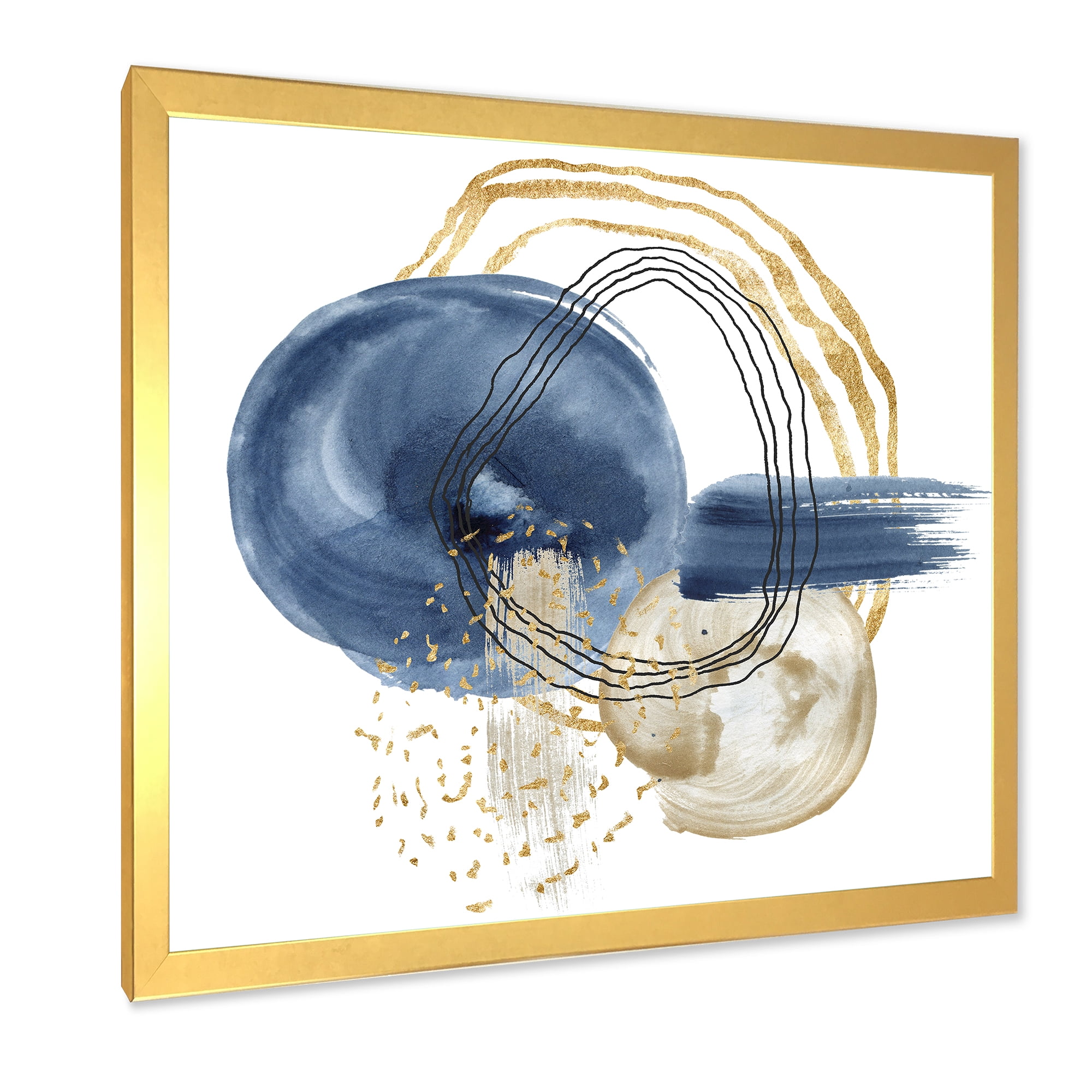 Designart 'Abstract Black and Dark Blue Gold Underwater Life' Modern Framed Art Print