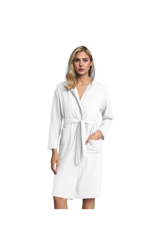 Women's Hooded Robe Soft Lightweight Knee Length Bathrobe with Pockets Self-Tie Waist Casual Loungewear Sleepwear