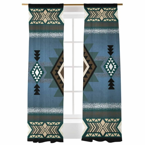 Sheer Curtains 96 inches Long, Southwest Ethnic Style BlueTribe Retro Geometric Light Filtering Sheer Window Curtains Rod Pocket Voile Drapes for Bedroom Living Room, 52"W x 96"L 2 Panels