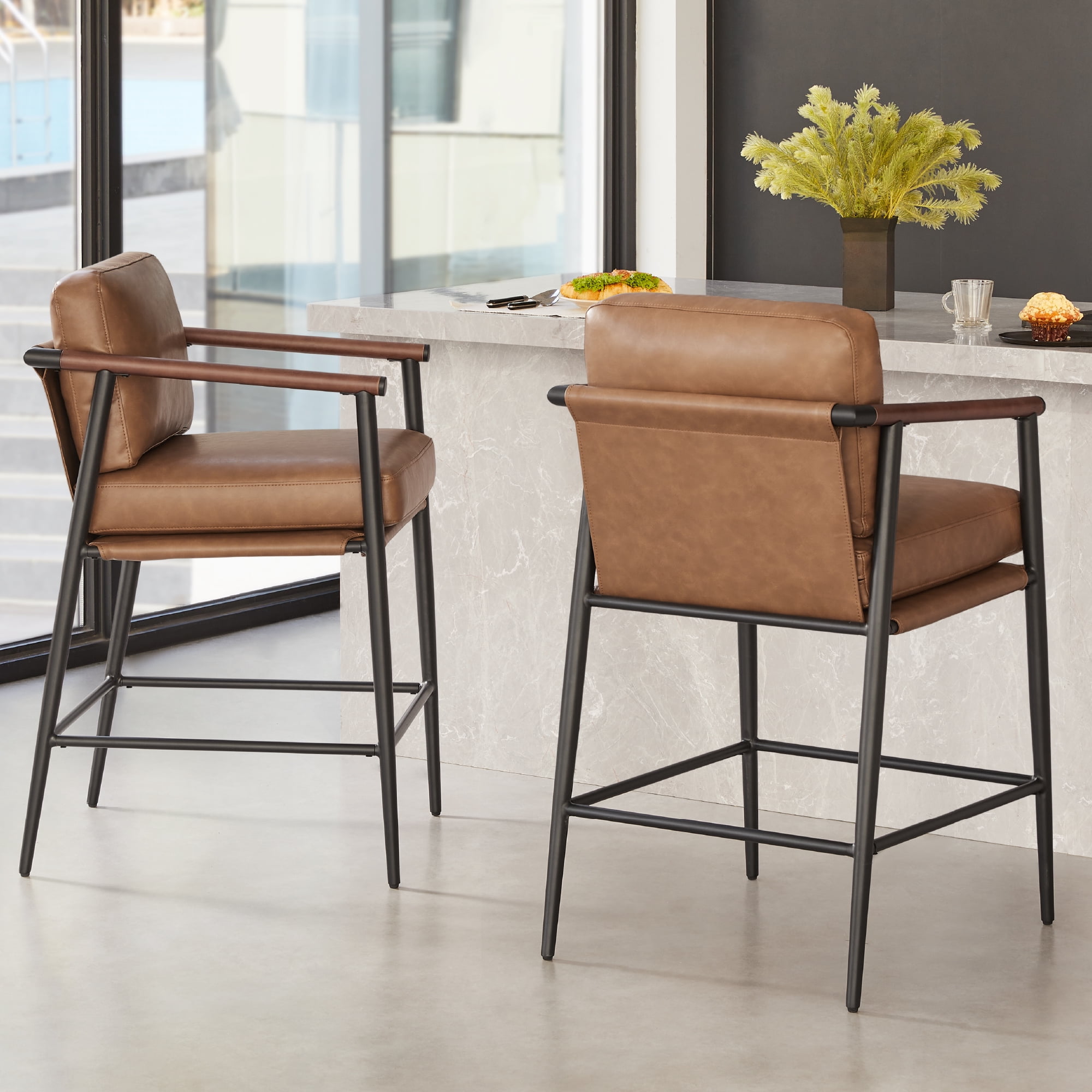 CHITA Modern Counter Stools Set of 2, Upholstered Bar Stools with Metal Frame and Wooden Armrests, Faux Leather in Saddle Brown