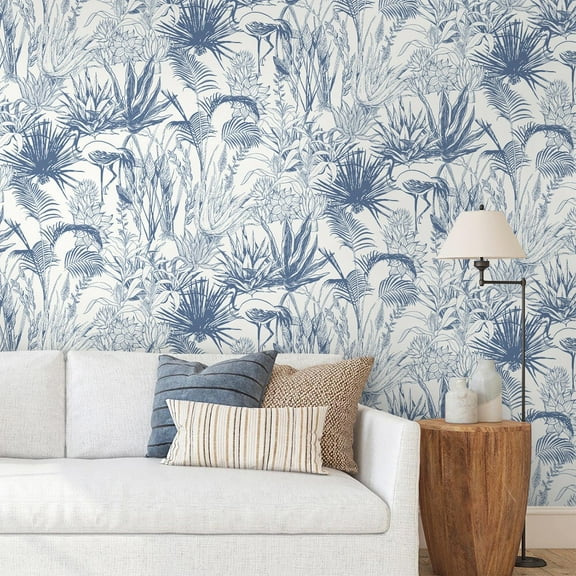 Blue Tropical Leaf Peel and Stick Wallpaper - Adhesive Removable Wall Covering for Bedroom, Kitchen &