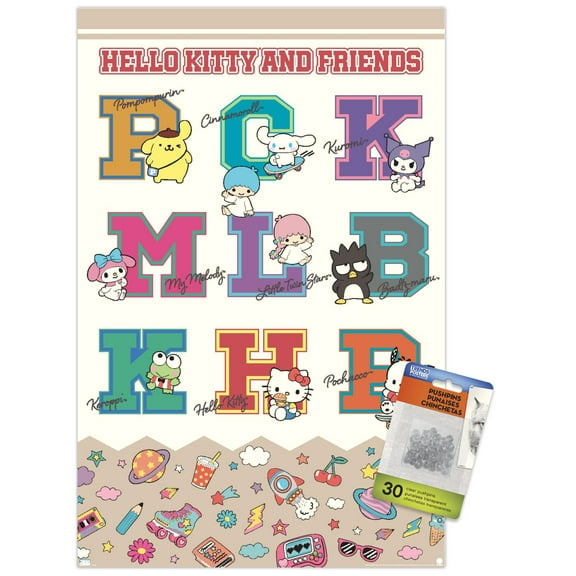 Hello Kitty and Friends: 24 College Letter - Group Wall Poster with Push Pins, 14.725" x 22.375"