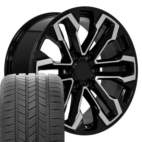 OE Wheels CV69 20 Inch Rims and Tires Fit Silverado 1500 Style 6x139.7 20x9 Gloss Black Machined - Hollander 5905 - Eagle LS2 275/55-20 (Set of 4)