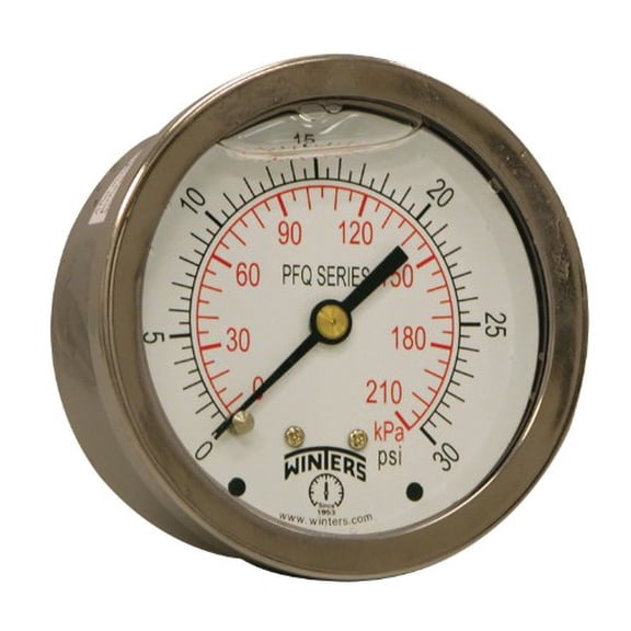 Winters PFQ Series Stainless Steel 304 Dual Scale Liquid Filled Pressure Gauge with Brass Internals, 0-30 psi/kpa,2-1/2" Dial Display, +/-1.5% Accuracy, 1/4" NPT Center Back Mount