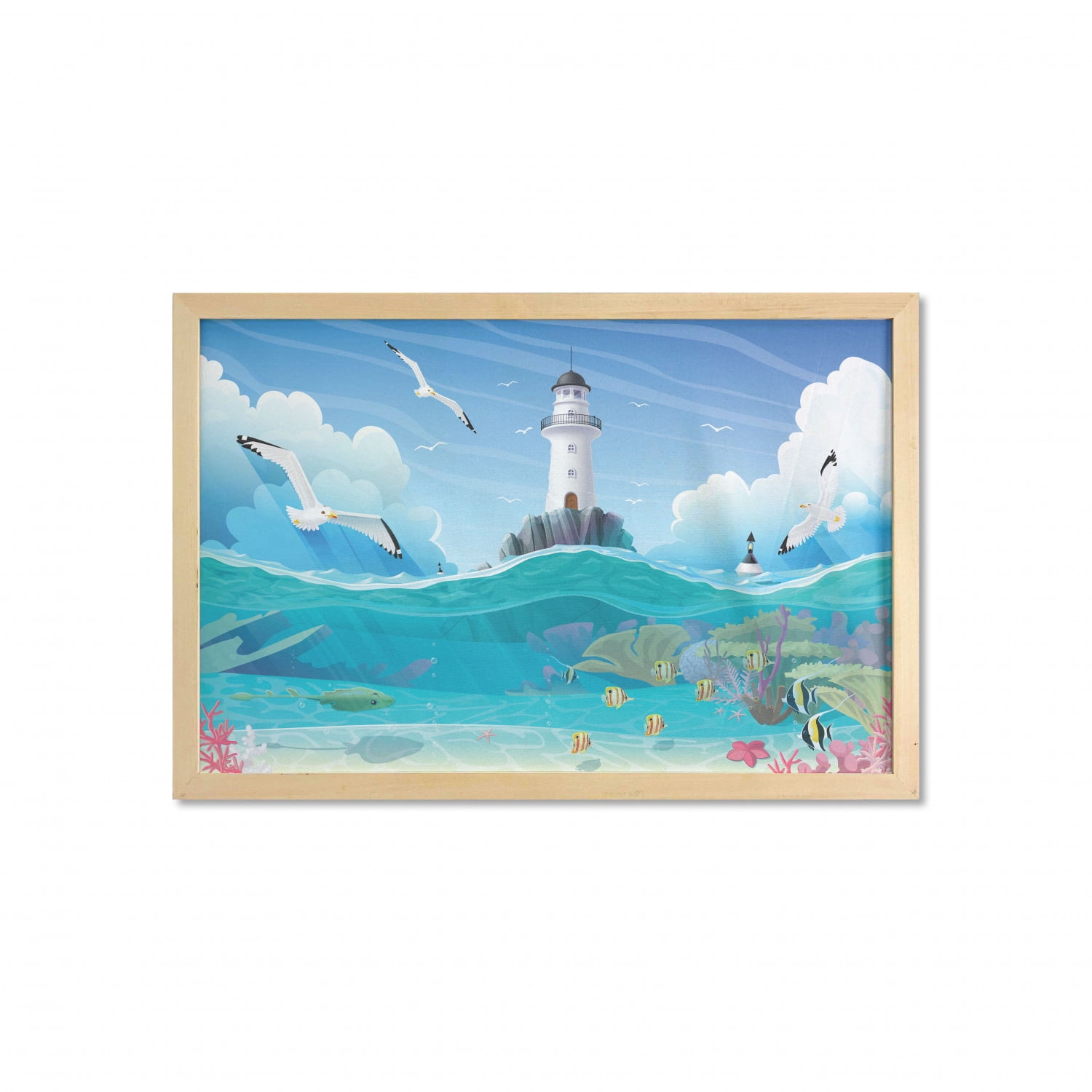 Blue Nautical Wall Art with Frame, Cartoon Style Watchtower Sea Port Seagulls Flying Waves Fish