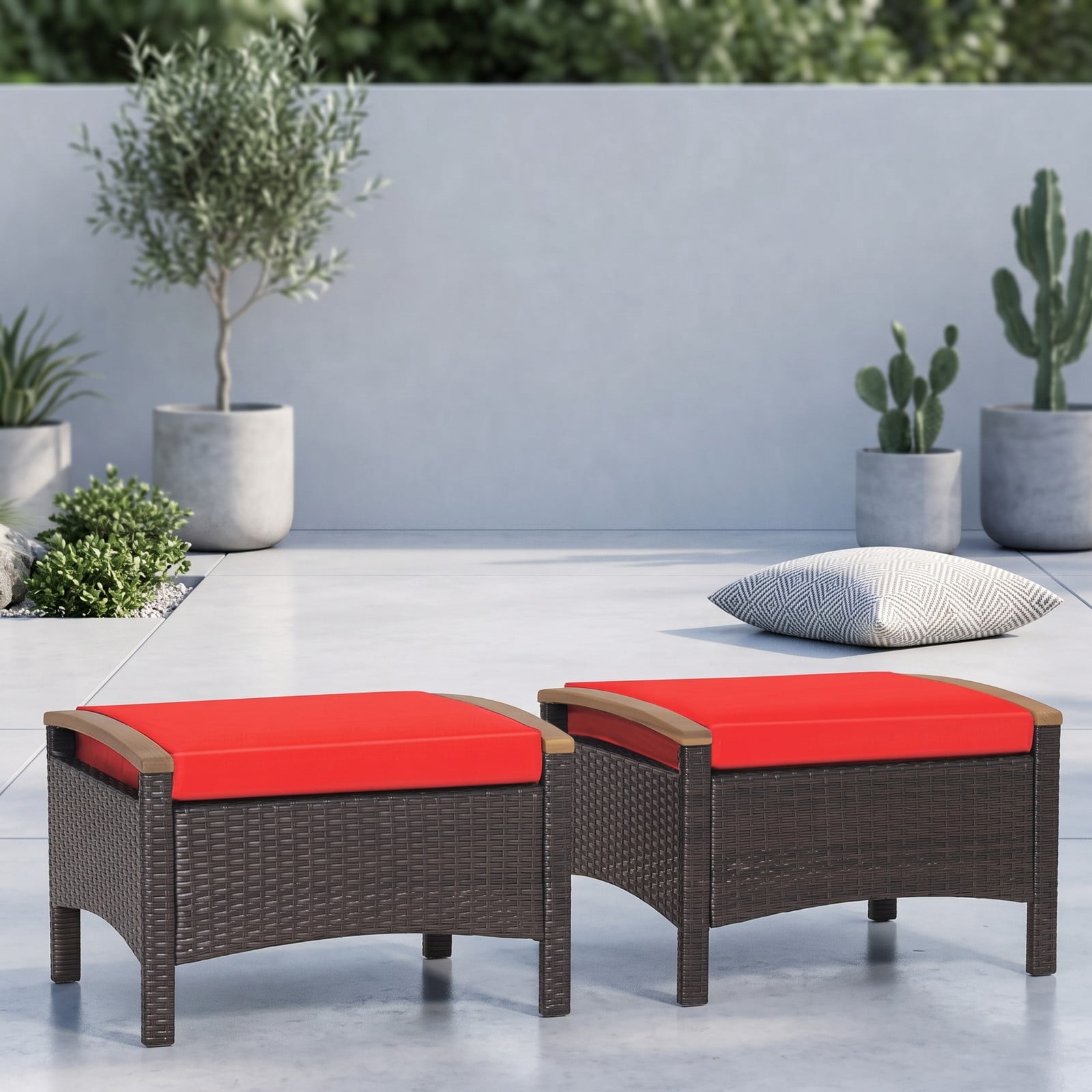 Furnibear Set of 2 Fade-Resistant PE Wicker Patio Ottomans with Cushions and Wood Handles for Outdoor Foot Rest and Extra Seating, Red