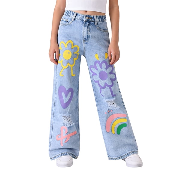 XXWXYD Girls Vacation Jeans Girls Baggy Ripped Jeans Artistic Graphic Streetwear Trousers Cute Aesthetic Print Denim Pants Y2K Wide Leg Boyfriend Jeans