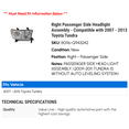 thumbnail image 2 of Right Passenger Side Headlight Assembly - Compatible with 2007 - 2013 Toyota Tundra 2008 2009 2010 2011 2012, 2 of 2