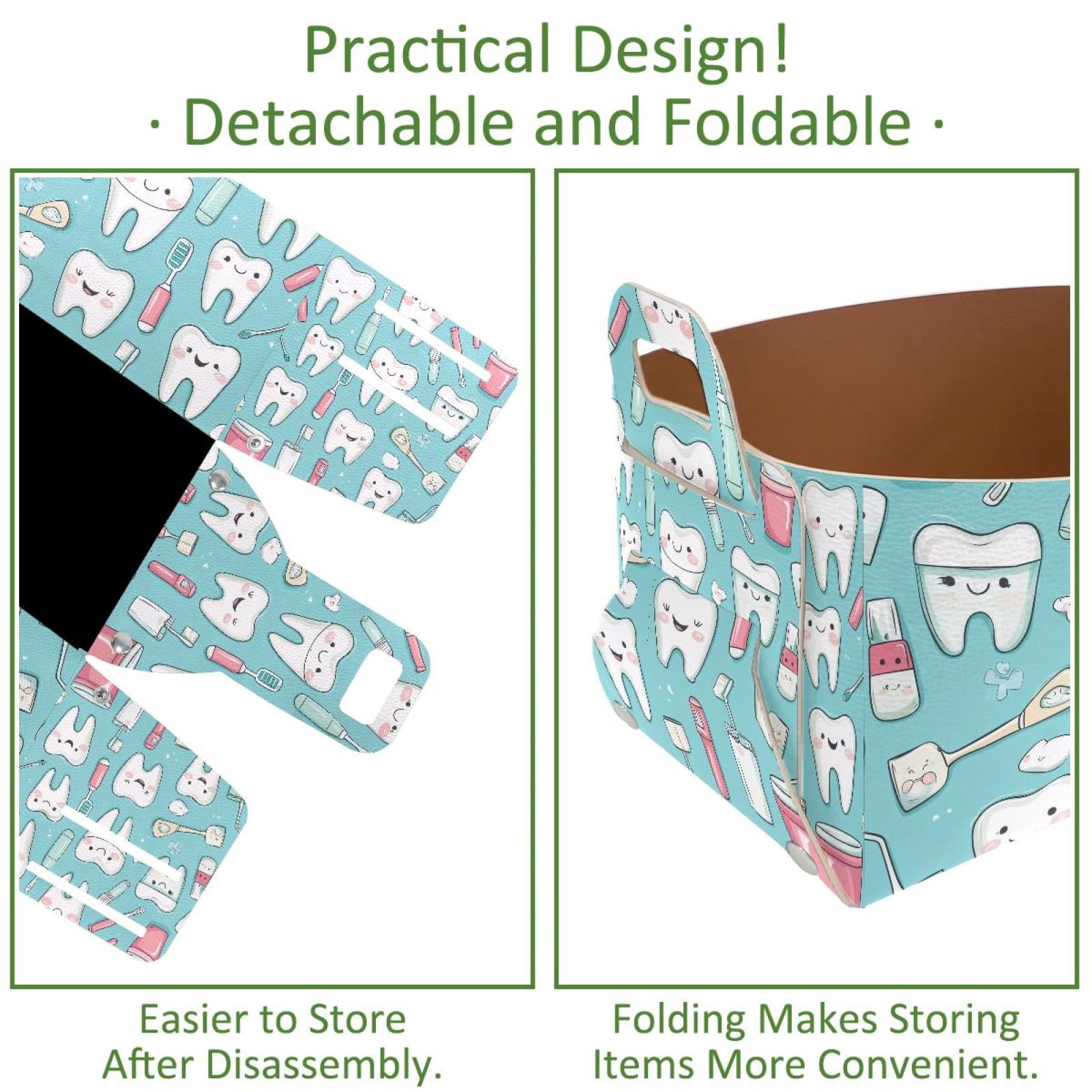 Cartoon Teeth Storage Basket Collapsible Storage Bin, PU Foldable Basket Convenient Box Storage Organizer with Handles for Shelves Office Bedroom Closet Nursery Toys Laundry