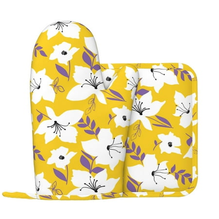 

Lilies Flowers Yellow Oven Mitts and Pot Holders Sets with 1 Non-Slip Left Silicone Oven Mitts and 1 Heatproof Insulated Hot Pads for Kitchen Use in Cooking Baking Grilling