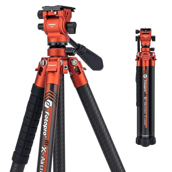 Fotopro X-Aircross 3 Video Tripod with Lightweight 3K Carbon Fiber Legs, Fast Locking System, and Two Section Center Column (Orange)