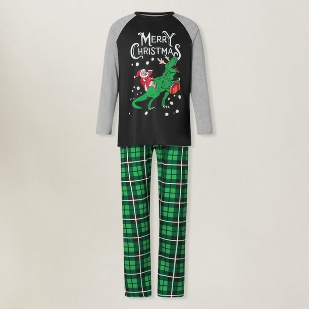 Traje de pantalones largos verdes familiares Traje de ropa de dormir informal de estilo navideño con bloques de color