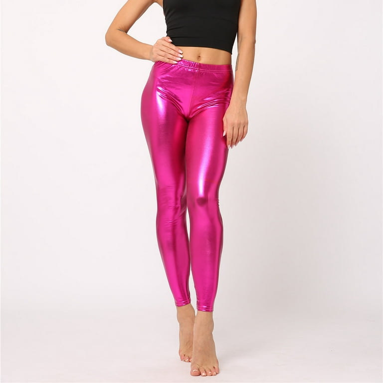 YYDGH Women's Shiny Metallic Leggings Sexy High Gloss Skinny Pants Faux  Leather Stretch Shaping Tights Trousers Pink XL