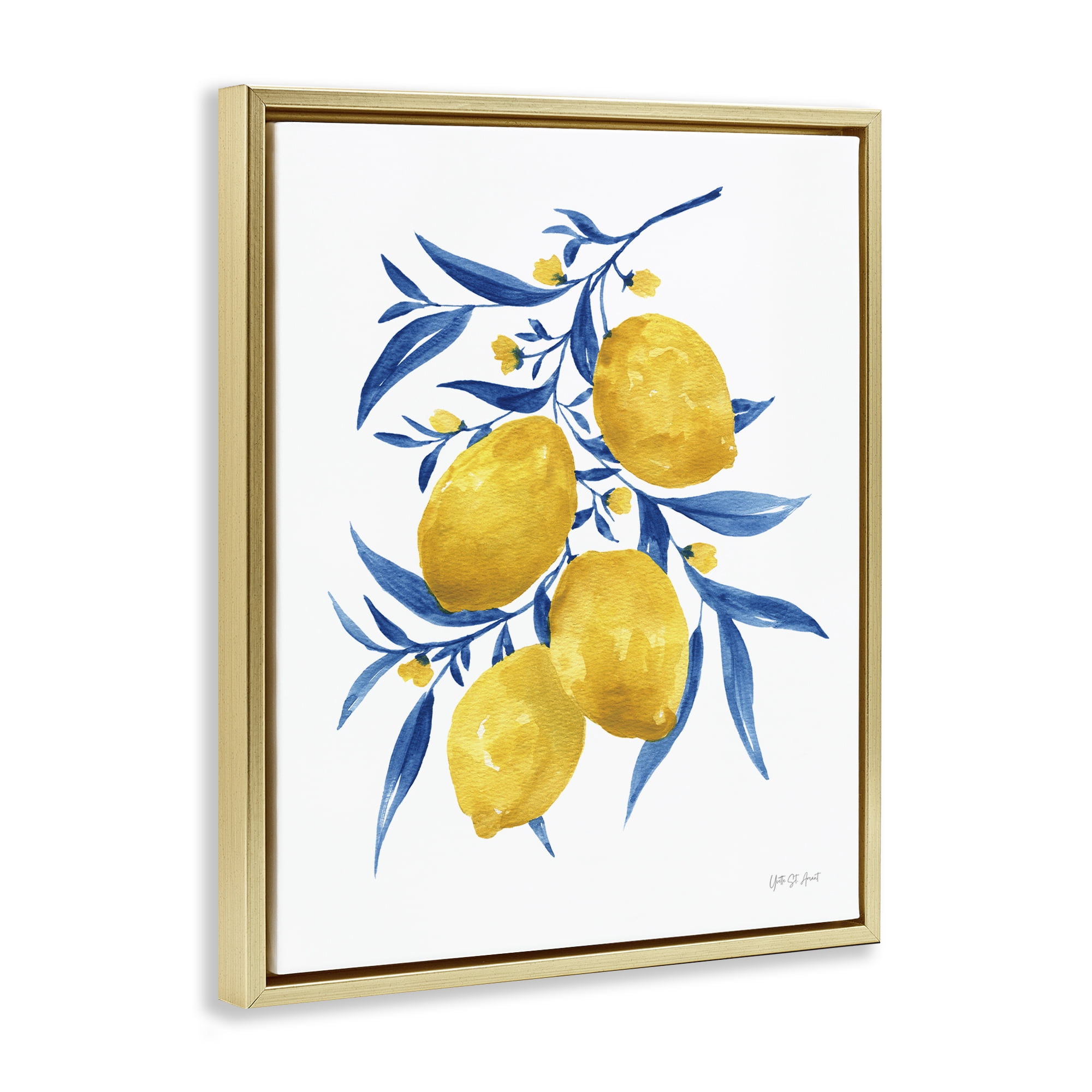 Stupell Industries Blue Leaf Lemons Food & Beverage Painting Gold Floater Framed Canvas Art Print Wall Art, 25 x 31