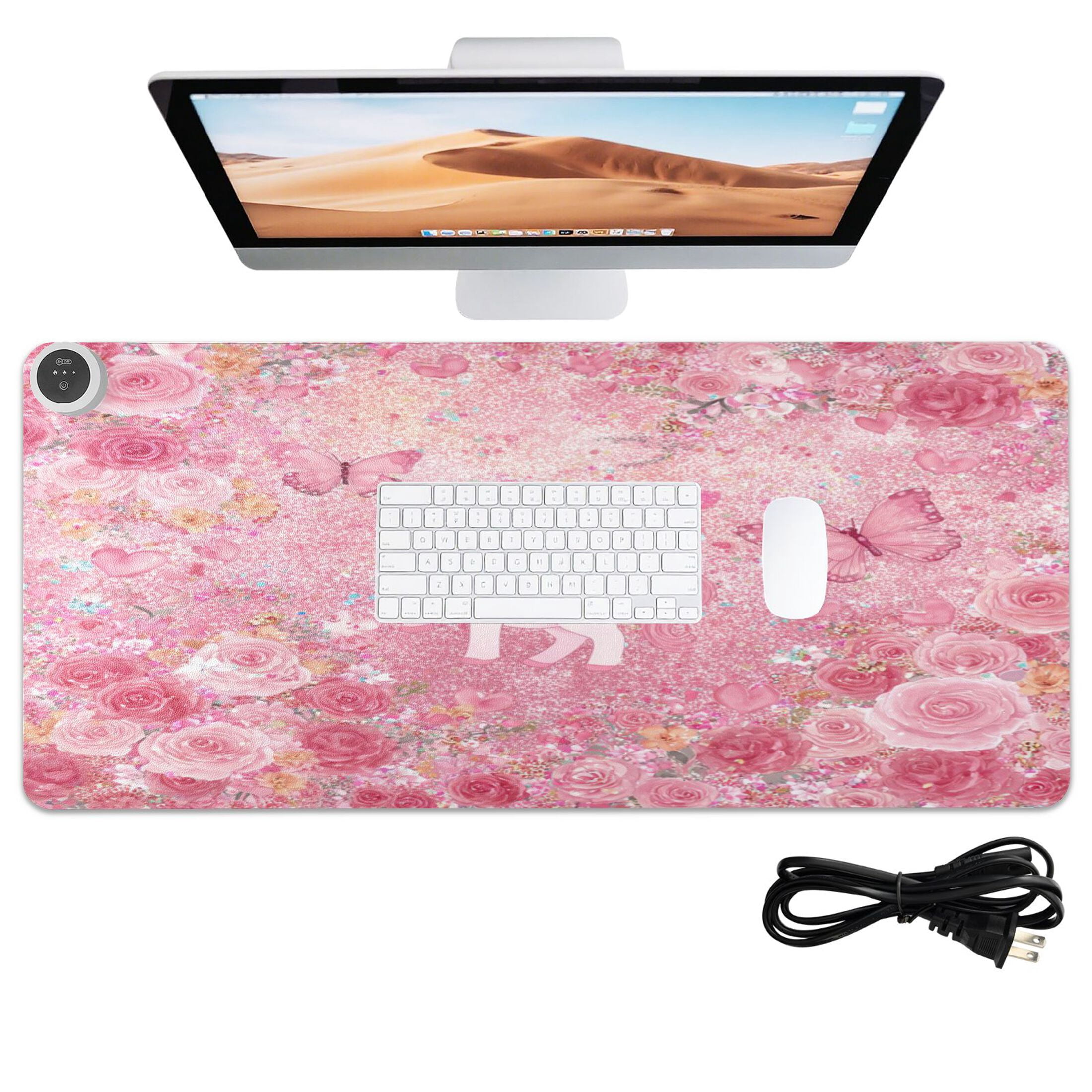 Large Heated Desk Mat Mouse Pad 31.5"x13"PU Leather Graphene Heating Desk Warmer with 3 Temperature Settings 110V US Plug Non-Slip Warm Pad for Home, Office, and Gaming Glitter Unicorn Rose Paradise