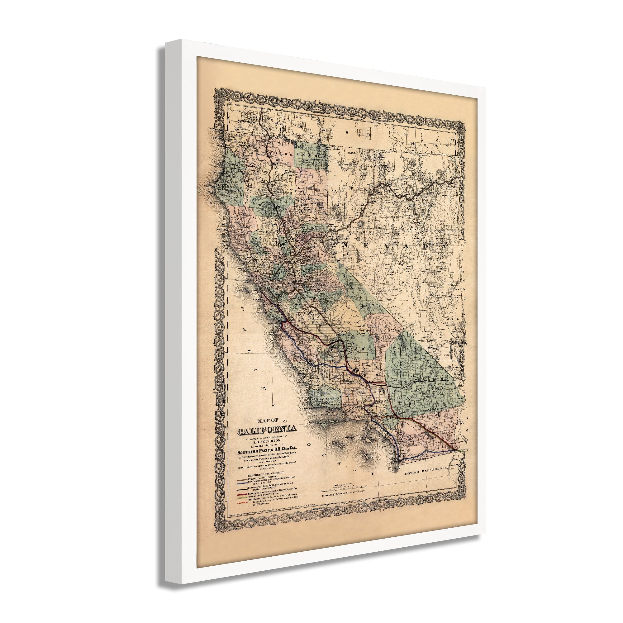 1876 California Map Poster Framed Vintage California Wall Art