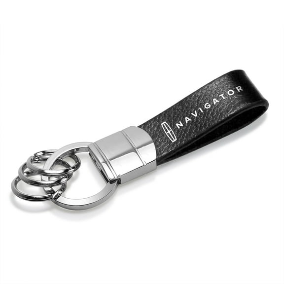 Lincoln Navigator Black Real Leather Strap Chrome Round Hook Metal Key Chain