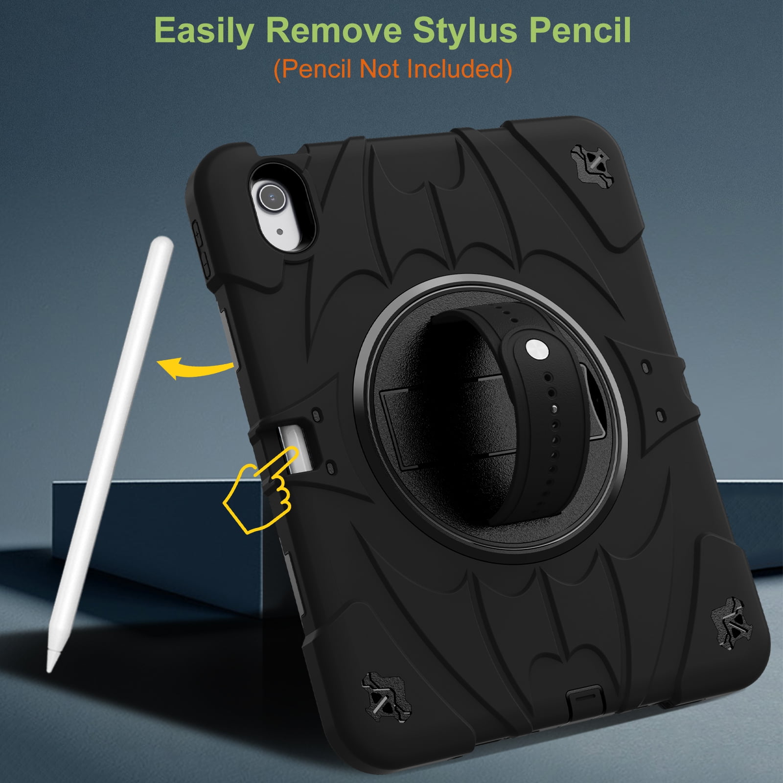 ELEHOLD Case for Apple iPad Air 11 (2024), Heavy Duty Shockproof Case with Pencil Holder/Stand/Hand Strap/Shoulder Belt, Rugged Protective Cover for Boys Girls,Black