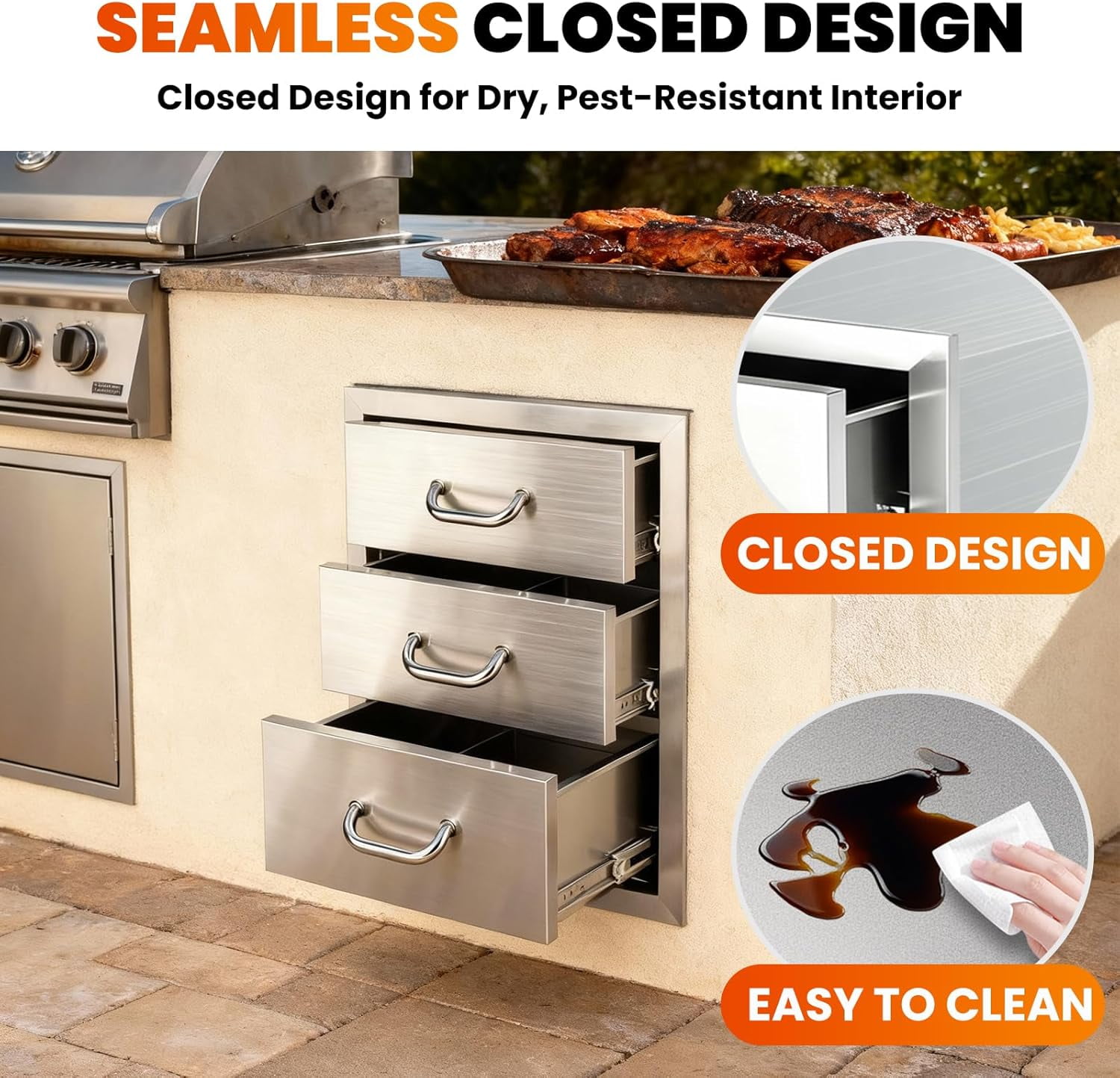 Stainless Steel Flush Mount BBQ Drawer, 18''W x 23''H x 23''D Outdoor Kitchen Cabinets, 3-Drawer BBQ Drawers with 3 x 48LBS/Tier Design for BBQ Island, Grill Area