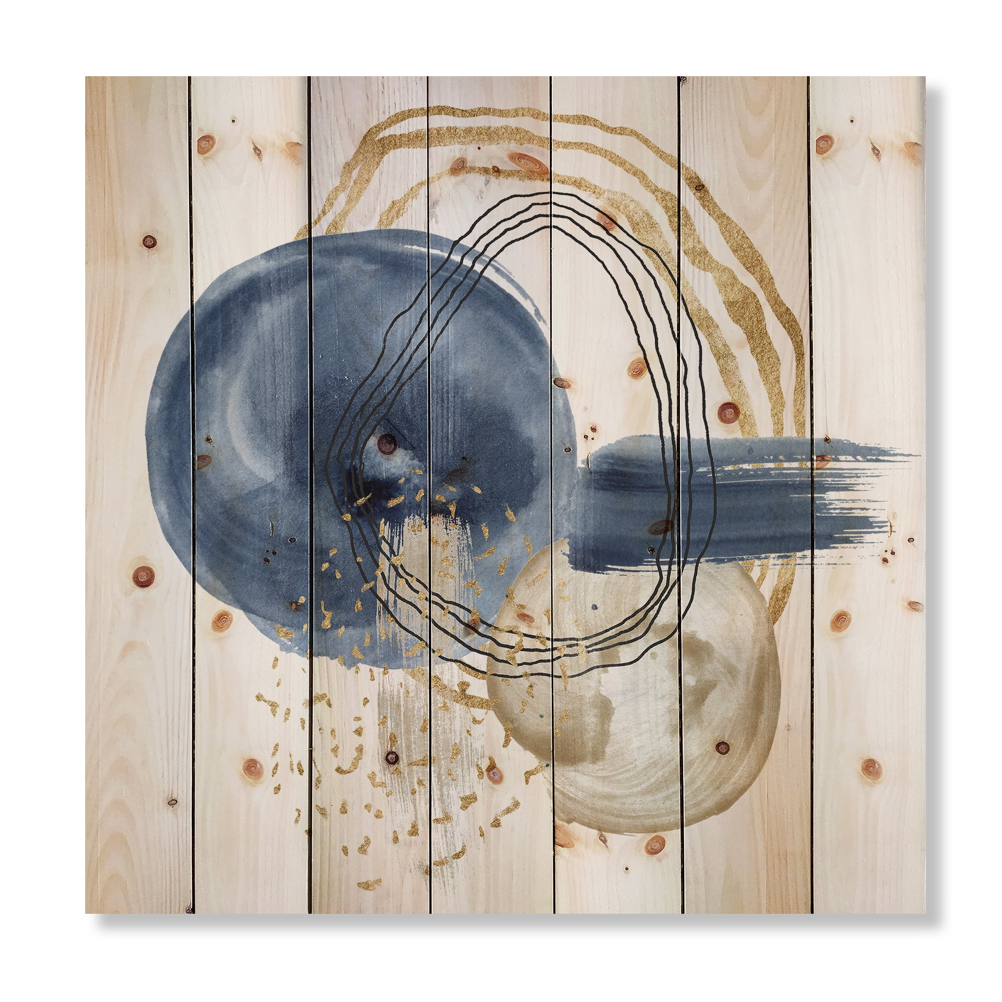Designart 'Abstract Black and Dark Blue Gold Underwater Life' Modern Print on Natural Pine Wood
