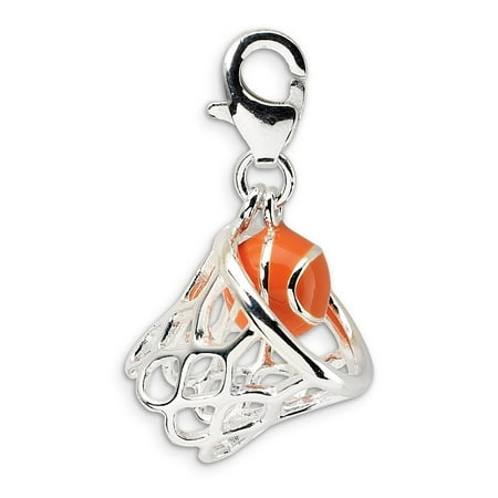 Solid Finish Basketball Charm Solid 925 Sterling Silver 3-D Enameled Basketball in Net with Lobster Clasp Pendant Charm (15mm x 34mm) ()