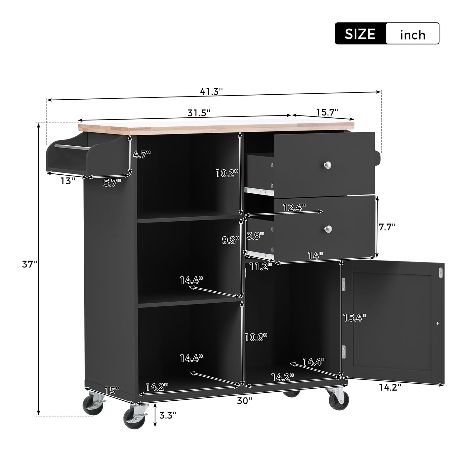 Kepooman Rubber Wood Kitchen Cart with Locking Wheels & 3 Open Shelves, Towel Rack, Kitchen Trolley for Indoor Spaces in Black Kepooman Rubber Wood Kitchen Cart with Locking Wheels & 3 Open Shelves, Towel Rack, Kitchen Trolley for Indoor Spaces in Black