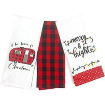 Holiday Christmas Decorative Kitchen Towels Set: One Flour Sack Merry and Bright Lights Print, One Black Red Country Camper, One Red Black Checkered Towel 3 Pieces (Variety 2)