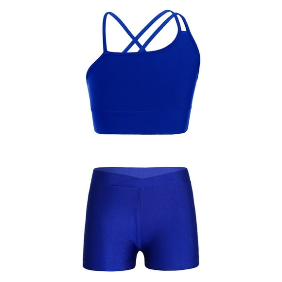 Haitryli Girl's 2 Piece Dance Outfit Athletic Active Set Crop Top with Shorts Summer Sports Workout Swimsuit Royal Blue M