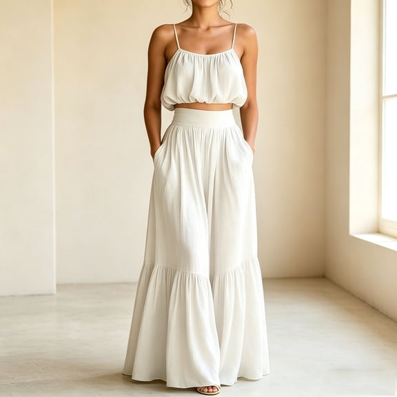 Neewe Summer Skirt Sets Women 2 Piece Outfits Sleeveless Strap Top Elastic Waist Maxi Dress Sets with Pockets