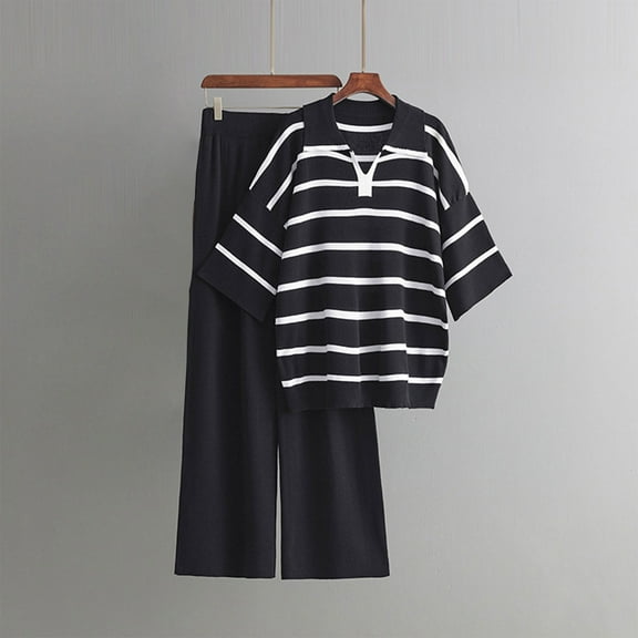 Itsame Womens 2 Piece Sets, Long Sleeve Knitted Stripe Tops Long Pants Sweater Outfits Black Free Size