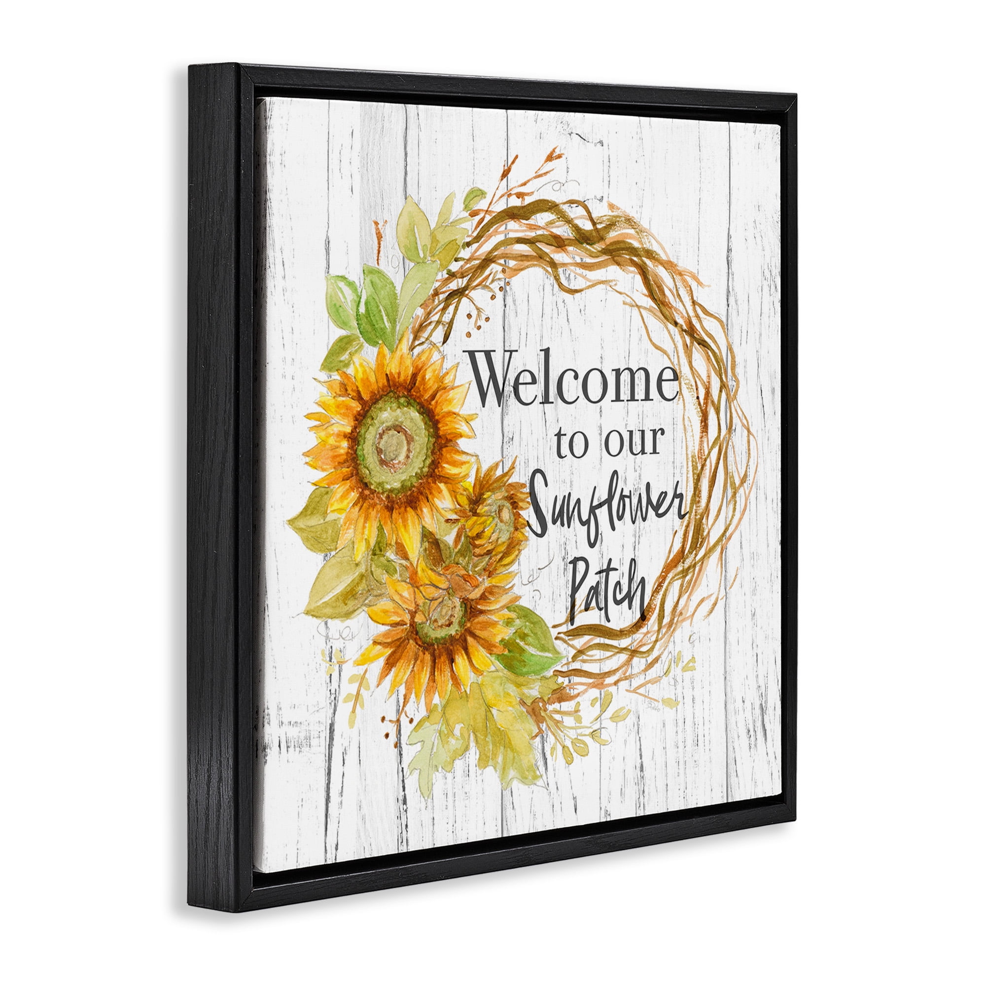 Stupell Industries Welcome Rustic Floral Wreath Botanical & Floral Painting Black Floater Framed Canvas Art Print Wall Art, 25 x 25