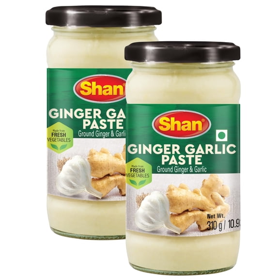 Shan - Ginger Garlic Paste 10.93 oz (Pack of 2)  Traditional Taste Enhancing Cooking Paste from Fresh Ground Ginger and Garlic - Suitable for Vegetarians - Airtight Glass Jar