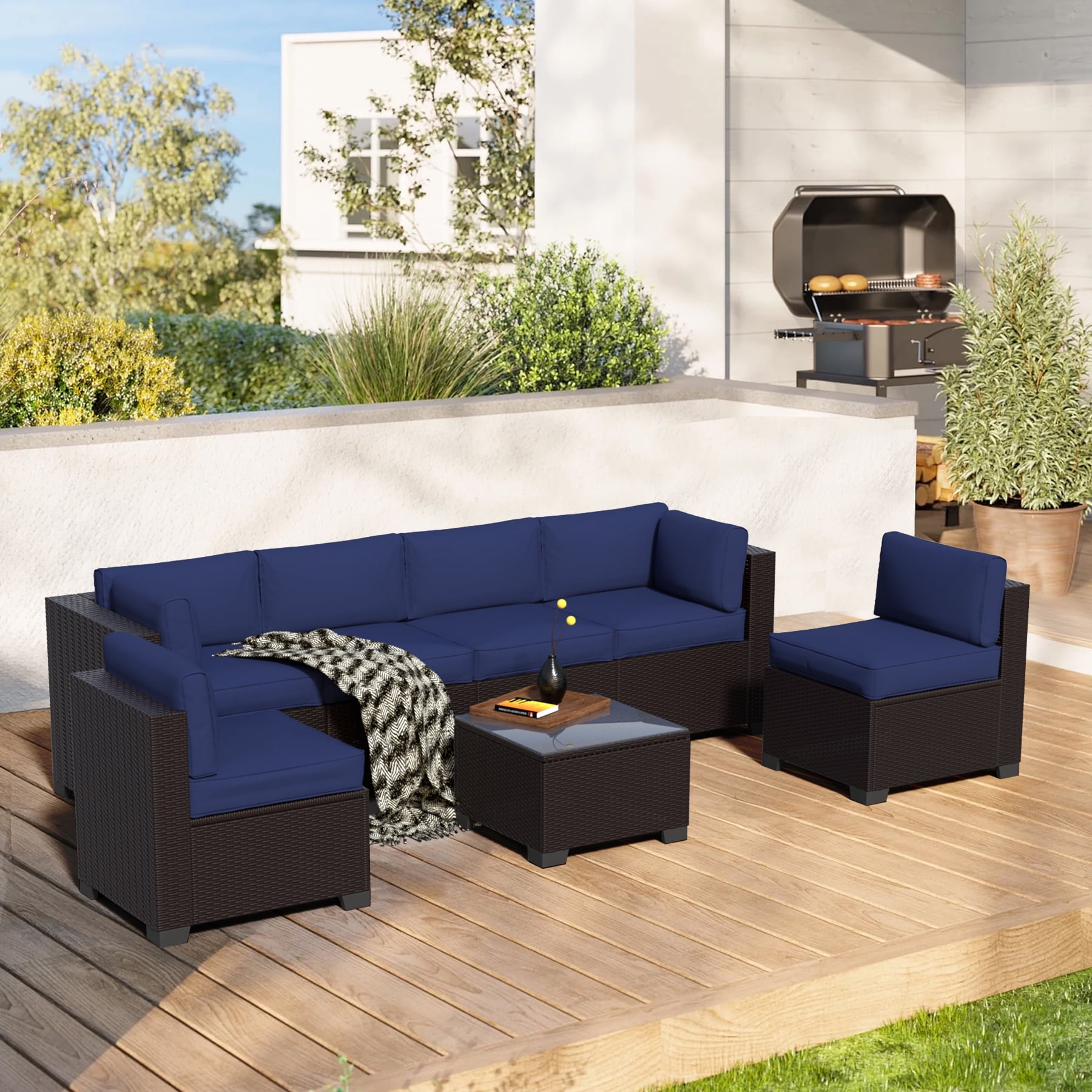 YLGJ&TIDY 7-Piece Outdoor Patio Set, All-Weather Rattan Sofa with Waterproof Cushions and Glass Table for Garden, Poolside, Navy Blue