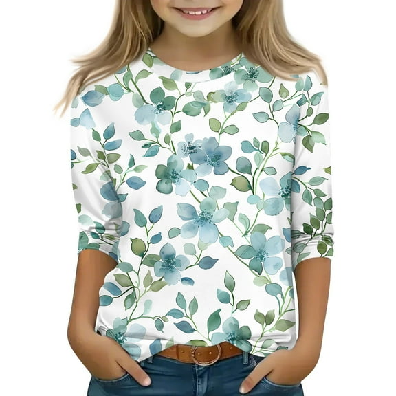LTTVQM Girls 3/4 Length Sleeve Shirts 9-10 Fall Fashion Floral Print Loose Fit T-Shirts Soft Round Neck Blouses for Girls Clothes Mint Green 9-10 Years
