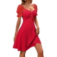 thumbnail image 3 of Womens Summer Sweetheart Neck Short Puff Sleeve Mini Drawstring Casual Slim Flowy Dress Sundress, 3 of 7