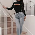 thumbnail image 5 of Hontri Dressy Tops for Women under $10-Black Cutout Bodysuit,Neck Cutout Front T Shirt Long Sleeve Short Sleeve Bodysuit for Women, 5 of 5