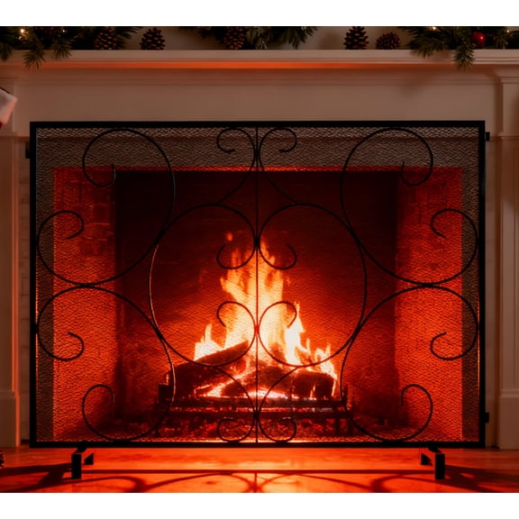 Black Single Panel Decorative Fireplace Screen Handcrafted Metal Mesh